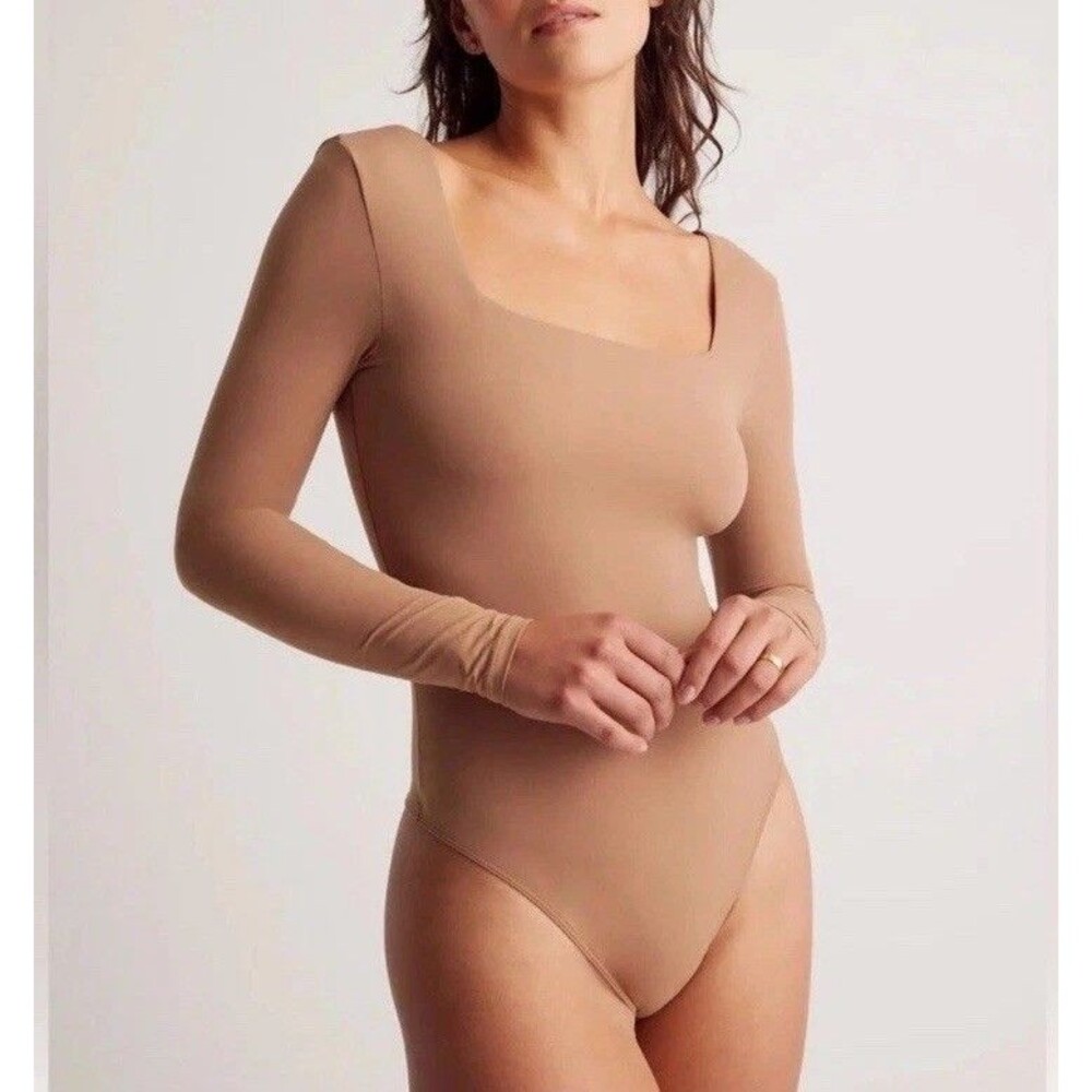 New Quince Second Skin Square Neck Long Sleeve Bodysuit Thong Mocha Sz Small